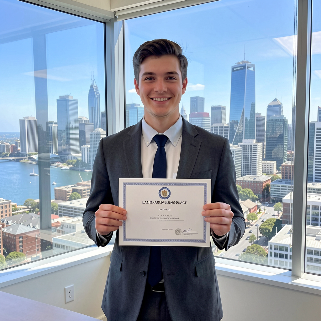 Young professional proudly holding language certificate with Auckland skyline visible through office window