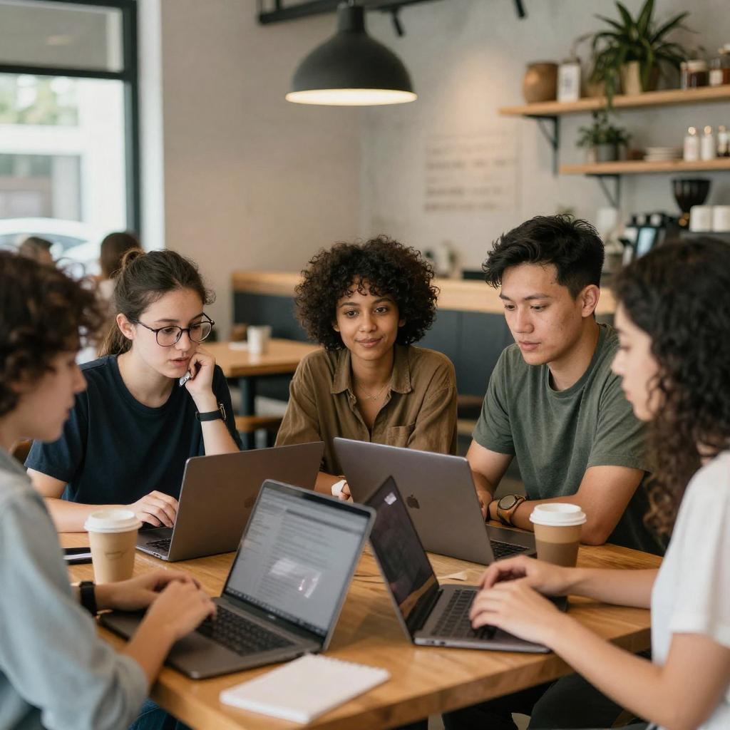 Diverse language learners collaborating at Auckland café with laptops and conversation