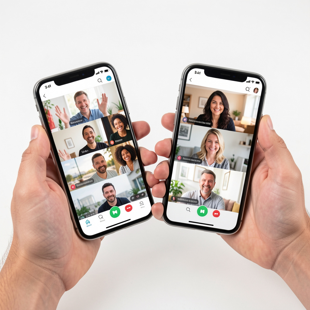 Close-up of hands holding smartphones with video calls to native speakers worldwide